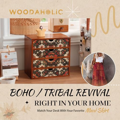 Boho Green Wooden Desk Organizer with Drawers – 4-Drawer Desktop Storage Box – Rustic Tribal Wood Desk Organizer for Office, Vanity, or Craft Supplies – Compact & Stylish Wooden Storage Drawers - color: Dark Tribal Boho