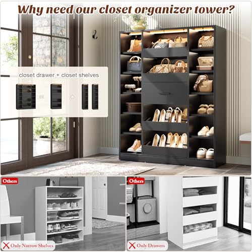 Besiost 40" Closet System with LED Lights, Wooden Closet Organizer with Drawers & Shelves, Versatile Closet Storage Tower for Walk-in Closets, Shoe Rack and Handbag Storage Cabinet, Black - color: Black