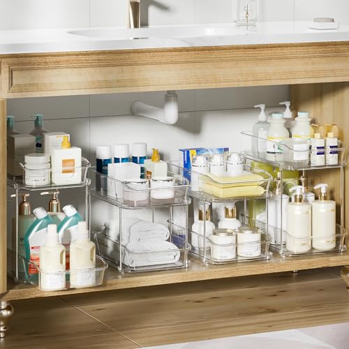 Delamu 2-Tier Under Sink Organizers and Storage, Multi-Purpose Stackable Bathroom Cabinet organizers, Pull Out Kitchen Pantry Organization and Storage with Dividers(4 Pack, Clear) - color: Clear, size: 4 Pack
