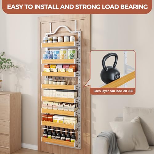 8-Tier Spice Rack Wall Mount, Heavy-Duty Over the Door Pantry Organizer with Wooden Adjustable Basket, 2 IN 1 Wall Mount or Hanging Pantry Door Organizer, Door Spice Rack for Home, White - color: White