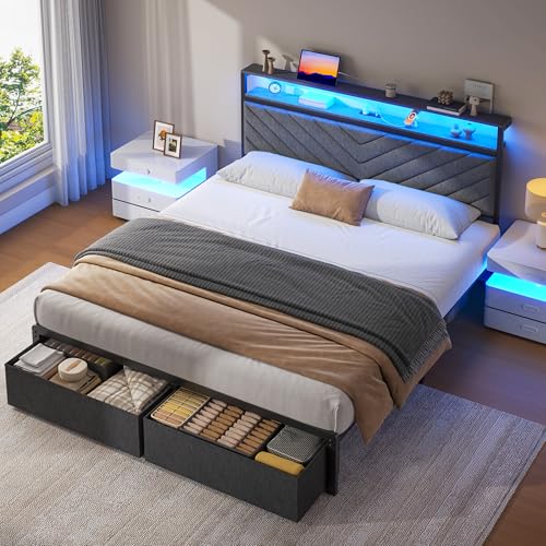 Fluest Queen Bed Frame with 2 Drawers, Upholstered Headboard with Storage and Charging Station, LED Lights, Fabric Drawers with Wheels, Under Bed Storage, No Box Spring Needed, Easy Assembly, Grey - size: Queen
