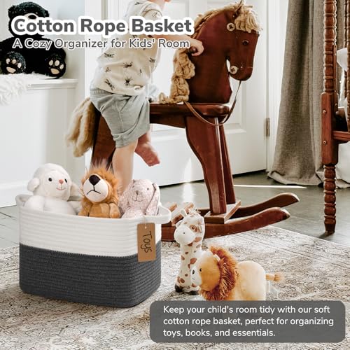 Goodpick Woven Storage Basket for Shelves, Baskets for Organizing, Cotton Rope Baskets with Handles, Rectangle Basket for Baby Toy Storage, 13 x 10 x 9 Inches, White & Dark Gray - color: Dark Gray, size: 13"L x 10"W x 9"H