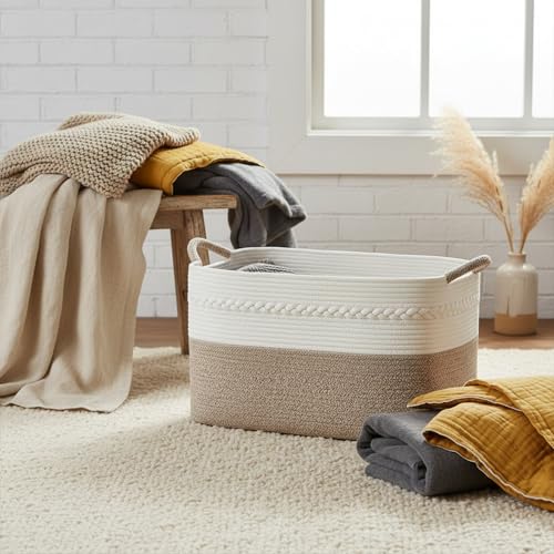 Large laundry basket woven from natural cotton rope with handles storage blankets for living rome big decorative quilted baskets for clothes toys pillows hamper 22"x14.6"x12" white/brown - color: white/Brown, size: 62L 22"x14.6"x12"