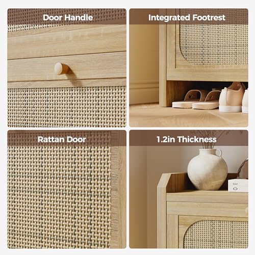 Mericonia Shoe Cabinet Storage for Entryway with 2 Flip Drawers(3-Tier), Rattan Freestanding with Door & 3 Adjustable Shelve,Hidden Shoe Rack Organizer for Hallway, Foyer - color: Natural, size: Flip Drawers 2 & Door 1