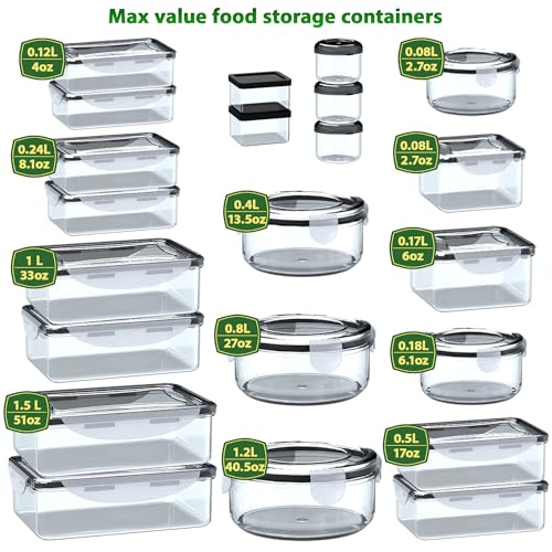 44 Pcs Food Storage Containers with Lids Airtight- (22 Stackable Boxes-22 Lids) Plastic Meal Prep Container for Pantry Kitchen Organization, Microwave, Dishwasher, Freezer Safe -100% Leak Proof - color: 44Pcs