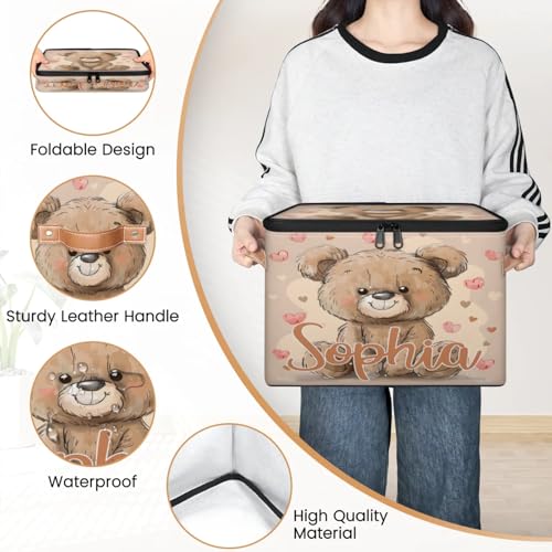 Custom Storage Basket with Name, Personalized Storage Bins with Zipper Lid, Foldable Fabric Storage Box Large capacity with Handle Love Bear - color: Option 25