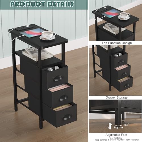 sthmec End Table with Charging Station,LED Side Tables with USB Ports and Outlets,Skinny Bedside Tables with 3 Drawers,Small Tabls Nightstands for Small Space,Slim Sofa Table for Livingroom,Black - color: Black, size: 7.88'' W*15.75'' D*24.3'' H, style: P