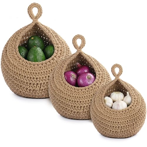 Hanging Storage Baskets Boho Decor Set of 3, Handmade Cotton Rope Wall-Mounted Fruit & Vegetable Baskets, Decorative Hanging Organizers for Kitchen, Entryway, Bathroom & Bedroom - color: Linen