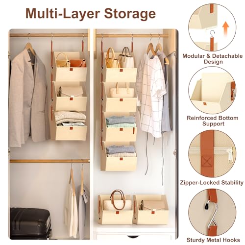 MSJGA 4-Tier Hanging Closet Organizer and Storage with Detachable Bins, Fabric Hanging Shelves for Closet, Dorm, Rv, Space-Saving Collapsible Basket for Handbags, Clothes (47” H)