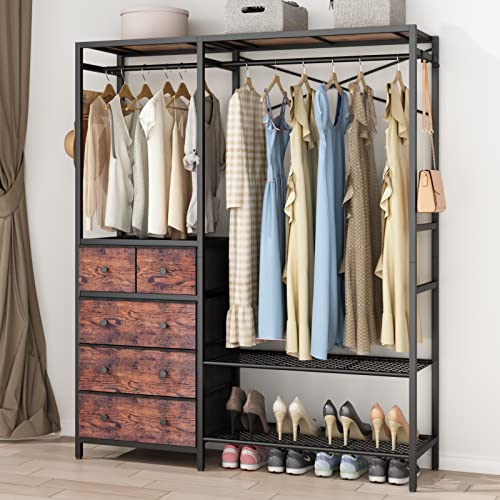 Auromie Clothes Rack with 5 Drawers & 4 Storage Shelves, 59.1W*70.9H Heavy Duty Clothing Rack with 2 Hanging Rods, Wardrobe Closet Organizer System with 5 Hooks, Freestanding Garment Rack (Rustic) - color: Rustic