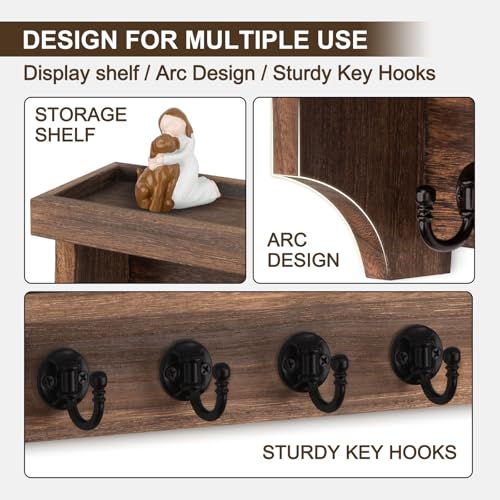 Key and Mail Holder Wall Mount, Key Holder with Shelf and Mail Organizer Wall Mount. Mail Holder with 5 Hooks for Coat, Dog Leash, Home Decor Rack, Entry Way Organizer (Brown) - color: Brown