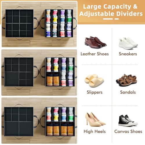 NestOrganix 2 Pack Shoe Organizer for Closet, Large Shoe Box Storage Containers, Foldable Shoe Storage Organizer Box Bin with Adjustable Dividers and Clear Cover, Space Saving Shoes Holder, Black - color: Black