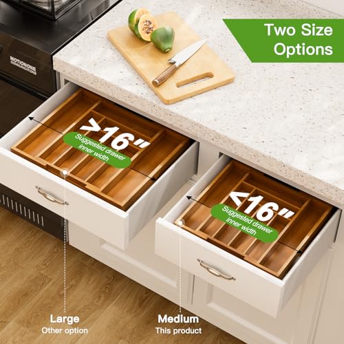 Pipishell Bamboo Expandable Drawer Organizer for Utensils Holder, Adjustable Silverware Organizer Cutlery Tray, Drawer Dividers for Utensils, Flatware, Knives in Kitchen, Bedroom, Living Room(M-Brown) - color: Brown, size: Medium