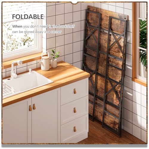 4NM Extra Wide 5 Tiers No Assembly Book Shelves, 51.2" H Folding Bookshelf Bookcase Open Industrial Foldable Shelves for Bedroom, Living Room, Home Office - Rustic Brown Black - color: Rustic Brown Black, size: Wide XX 5-Tier