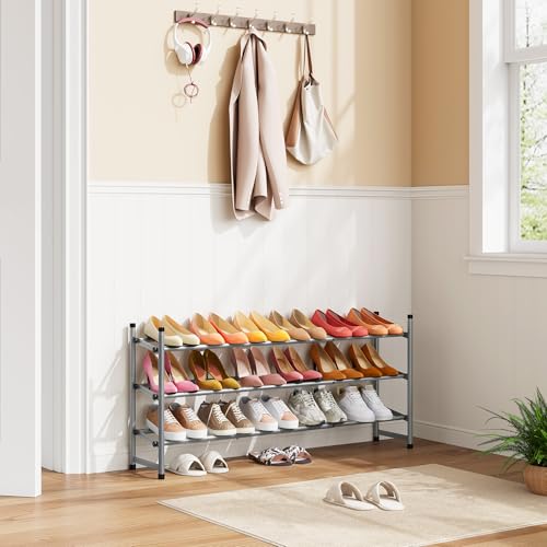 Tajsoon Expandable Shoe Rack for Closet 3 Tier, 28“-41“Adjustable & Stackable Shoe Shelf Storage, Metal Shoe Rack Organizer for Front Door Entrance, Closet, Garage, Entryway, Grey - color: Grey, size: 3 Tier