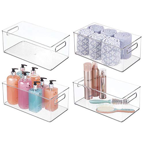 mDesign Plastic Bathroom Storage Container Bins w/ Handles - Closet, Cabinet, Vanity, Cupboard Shelf Organization, Hair Tools Accessory Organizer - Ligne Collection; Clear, 14.6x8.1x6 (Pack of 4) - size: 14.6 x 8.1 x 6 (Pack of 4)