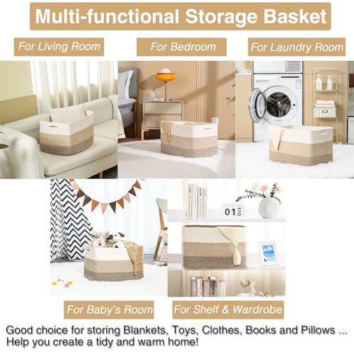 ICERZCZ Large Rectangle Blanket Basket, Large Storage Basket for Organizing, Cotton Rope Woven Basket for Storage with Handles, Baby Nursery Living Room Bedroom, 22”x17”x12”, 75L - color: Gradient Brown, size: 22”x17”x12”