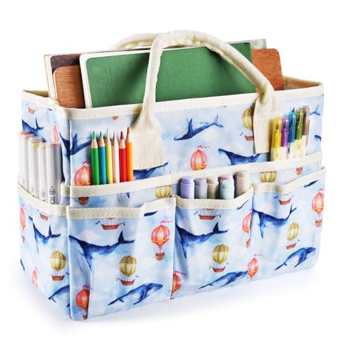 E-WEICHEN Craft Organizer Tote Bag Art Storage Caddy with Multiple Pockets Containers for Art,Craft,and Office Supplies Storage.Light Whale - color: Light Whale