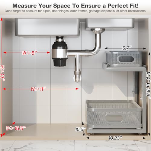 2 Pack 15.5IN-Depth Under Sink Organizer With Next-Gen Ball-Bearing Slides,2-Tier Precision Mesh Pull Out Cabinet Storage for Bathroom&Kitchen,Height Adjustable Drawers Shelf,Anti-rust-Grey - color: Gun Gray, size: 2 Pack-15.5"Dx12.4"-16.5"H