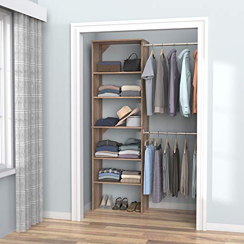 ClosetMaid SuiteSymphony Wood Closet Organizer Starter Kit with Tower and 3 Hang Rods, Shelves, Adjustable, Fits Spaces 5 – 10 ft. Wide, Natural Gray - style: Natural Gray Finish