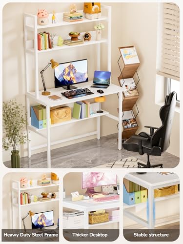 Aquzee Computer Desk with Hutch, 40“W x 19.6" D Desk with Shelves, Tall Home Office Desk with Bookshelf, Metal Legs Study Table with Upper Storage Shelf for Study Writing/Workstation, White - color: White, size: 40inch