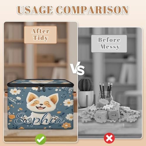 Custom Storage Basket with Name, Personalized Storage Bins with Zipper Lid, Foldable Fabric Storage Box Large capacity with Handle Flower Dog - color: Option 11