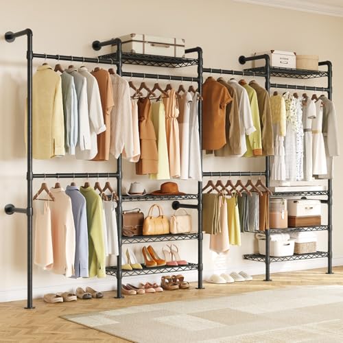 ONBRILL L4 Wall Mounted Industrial Pipe Clothing Rack, Closet Organizer System with 6 Hanging Clothes Rods ( 4 Expandable Rods) & 8 Shelves, Heavy Duty Corner Garment Rack, Large Wardrobe - Black - color: Black