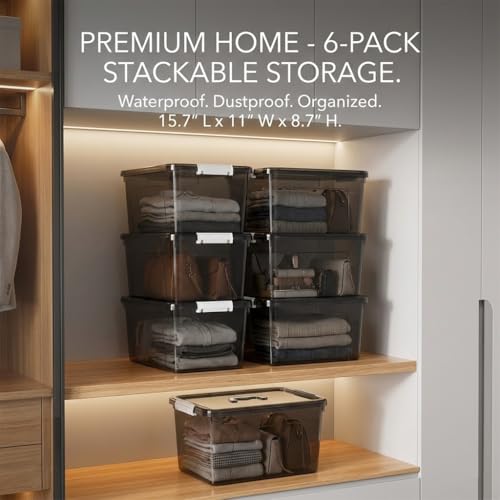 19 Quart Stackable Plastic Storage Bins with Lids, 6 Pack Clear Black Organizer Boxes with Secure Latches for Garage, Tools, Closet, Office, Durable Storage - color: Black, size: 19 QT