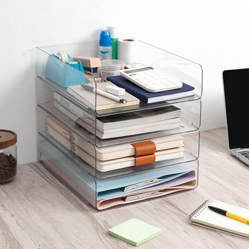 Tiawudi Desk Organizer, Clear Office Organization and Storage, Plastic Letter Tray, Stackable File Organizer for Classroom, Home, Documents, Notes, Folders, Books and Pens, 4 Tier - color: Clear