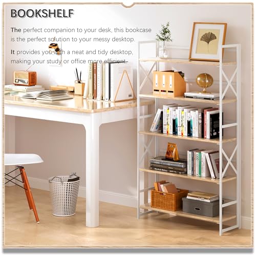 4NM Extra Wide 5 Tiers No Assembly Book Shelves, 51.2" H Folding Bookshelf Bookcase Open Industrial Foldable Shelves for Bedroom, Living Room, Home Office - Natural White - color: Natural White, size: Wide XX 5-Tier