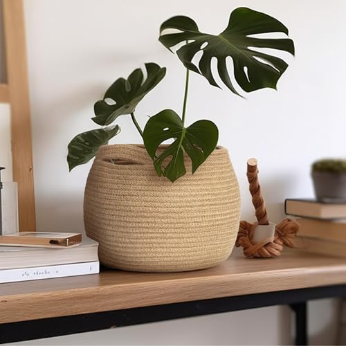 MEGASKET Decorative Wicker Storage Basket, 11" x 9" Indoor Plant Basket for Home Decor, Round Woven Dog Cat Toy Bin with Handle, Bathroom Towel Storage, Jute Planter Holder, Shelf Closet Organizer - color: Jute