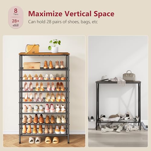 Tajsoon 8 Tier Free Standing Shoe Rack for 28-32 Pairs, X Shape Fixed Frame Metal Mesh Shoe Rack for Closet, Rustic Brown & Black - color: Rustic Brown & Black, size: 8-Tier