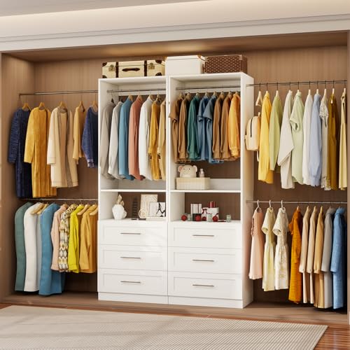 vomavex Closet System of 2 Set, 4-18FT Closet Organizer System with 10 Hanging Rods & 6 Wood Drawer & Adjustable Shelves, Walk in Closet Storage System, Free Standing Closet System, White - color: 4-18ft