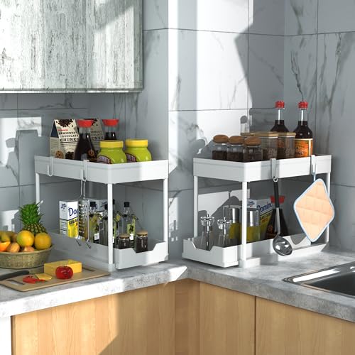 MEAFBIRD 2 Pack Under Sink Organizer, 2 Tier Bathroom Cabinet Organizer with Sliding Basket, Multi-Purpose Under Sink Organizers and Storage for Bathroom Kitchen (White 2 Pack) - color: White 2 Pack