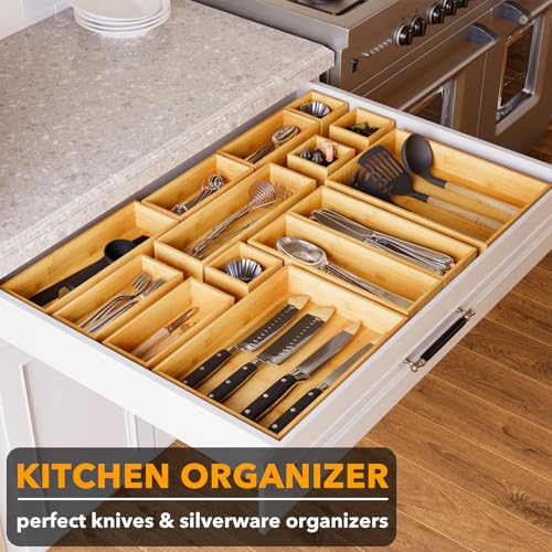 SpaceAid 14-Piece Bamboo Drawer Organizer Storage Boxes Set, Wood Tray Junk Drawer Organizers Multi-Use Divider Bins for Kitchen, Bathroom, Office Desk and Makeup Organization (14 Pack, Natural) - color: Natural