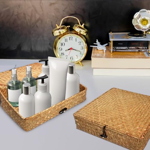 5 Pcs Seagrass Basket with Lid 5 Sizes Decorative Storage Boxes Rattan Wicker Storage Basket with Lids Woven Organizer Baskets Multipurpose Flat Storage Bins for Shelf Closet Bedroom (Brown) - color: Brown