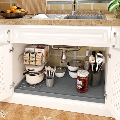 TigeJoy 19" x 19" Under Sink Mats for Kitchen Waterproof, Leak-Proof Silicone Mat Sink Protector and Cabinet Liner, Kitchen Essentials Organizer and Storage, Boot or Shoe Tray, Pet Feeding Mat - color: Beige, size: 19"W x 19"L