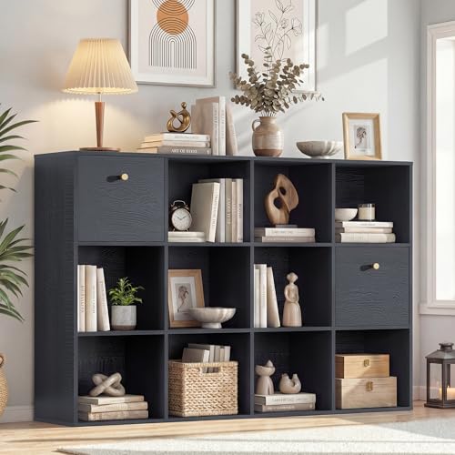 Cube Storage Organizer with 12 Open Shelf, Black Bookshelf with Storage Bins, Freestanding Book Case, Cubicle Shelf Bookcase for Bedroom Living Room Office Library, Wooden Cuby Shelves with Wood Grain - color: Black, size: 12 Cube