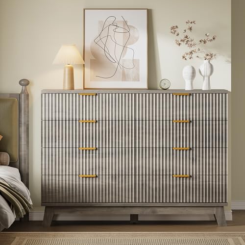 BORNOON Fluted 8 Drawer Tall Dresser, 47.2" Wide Modern Boho Chest of Drawers, Wooden Storage Dresser TV Stand for Bedroom, Living Room, Closet, Hallway, Curved Profile Design - color: Rustic Drift, size: 8 Drawers