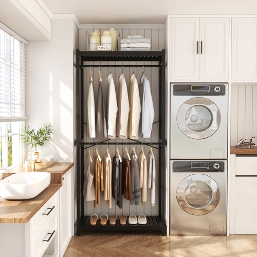 Homykic Bamboo Clothes Rack with Shelves and Double Hang Rods, Portable Closet System Garment Rack for Hanging Clothes, Tall Clothing Rack Corner Closet Organizer, Easy to Built, Freestanding, Black - color: Black, size: Standard