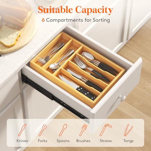 Lifewit Silverware Drawer Organizer, Utensil Tray for Kitchen, Flatware and Cutlery Holder, Storage for Spoons Forks Knives, 25 x 39cm, Natural - size: 9.9''W x 15.5''D