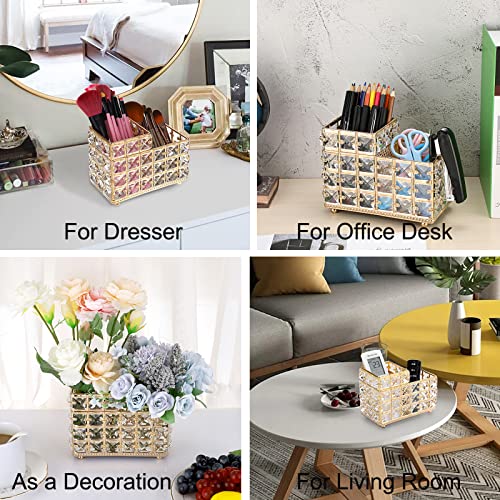 Hipiwe Crystal Remote Control Holder Gold Bling Makeup Brush Organizer Remote Caddy Candle Tabletop Pen Pencil Storage for Dresser Office Bathroom, 2-Slot - style: 2-Slot, Gold