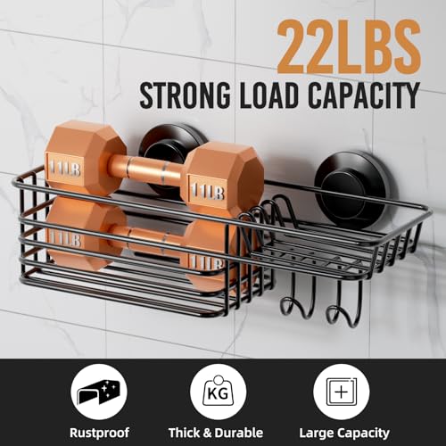 LEVERLOC Shower Caddy Suction Cup, Suction Caddy with Hooks and Soap Holder for Bathroom, No-Drilling Bathroom Shower Organizer, Black - color: Black, size: 1 × Medium