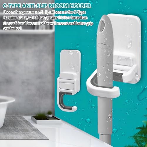 2 Pack Mop Broom Holder for Bathroom Kitchen Office (White)