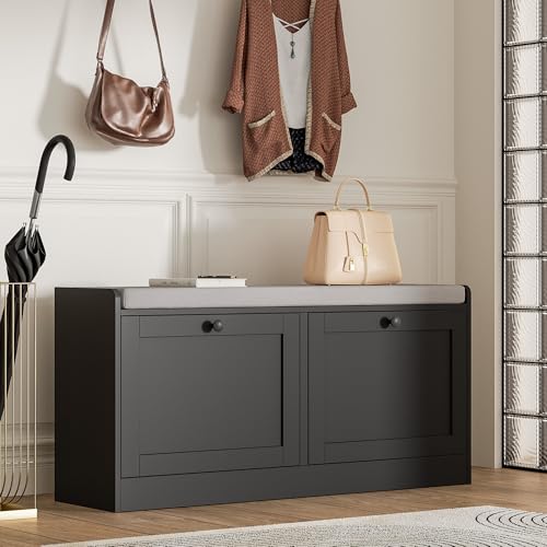 MHOM Black Modern Entryway Bench with 2 Flip Drawers, Shoe Bench with Padded Seat Cushion, Wooden Storage Bench for Hallway and Entryway - color: Black