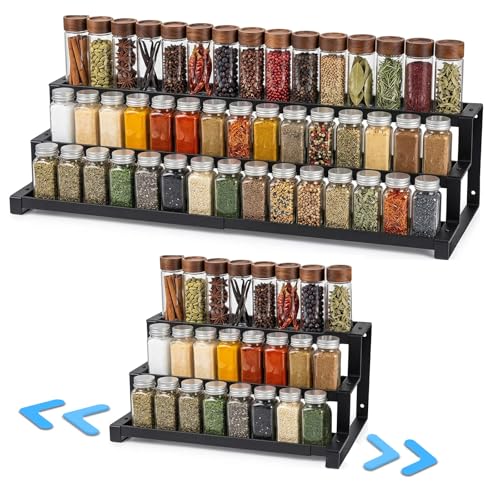 Expandable Spice Rack Organizer for Cabinet, Metal Spice Organizer Adjustable Length, Seasoning & Pantry Organization Shelf 3-Tier, Non-Skid Step Shelf for Kitchen Cabinet, Pantry or Countertop