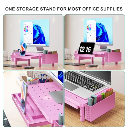 WALI Computer Monitor Stand with Storage, Desk Organizer with Drawer and Pen Holder, Desk Monitor Riser 3 Height Adjustable, Laptop Riser for Computer, Laptop, Printer (PTT003-P), 1 Pack, Pink - color: Pink, size: with Drawer and Pen Holder