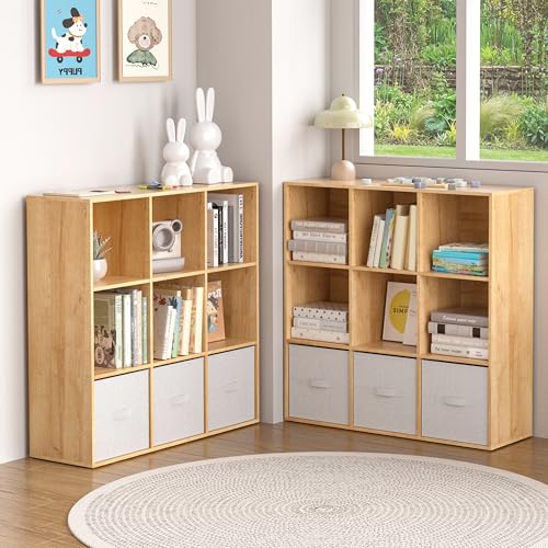 Wooden 9 Cube Storage Organizer with Closed Back Panel,White Cube Shelf Cubby Storage Organizer with Compartments for Living,Bookshelf, Easy to Install (Oak, 9 Cube-13in) - color: Oak, size: 9 Cube-13in