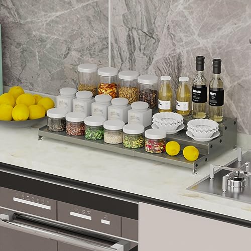 Expandable Spice Rack organizer with 3-Tier step shelf,Modern Design heavy duty,Non Skid and Visibility,Great for Kitchen Cabinet, Pantry and more(3PACKS/GUN-GREY) - color: Gun-grey, size: 3 PACKS/GUN-GREY