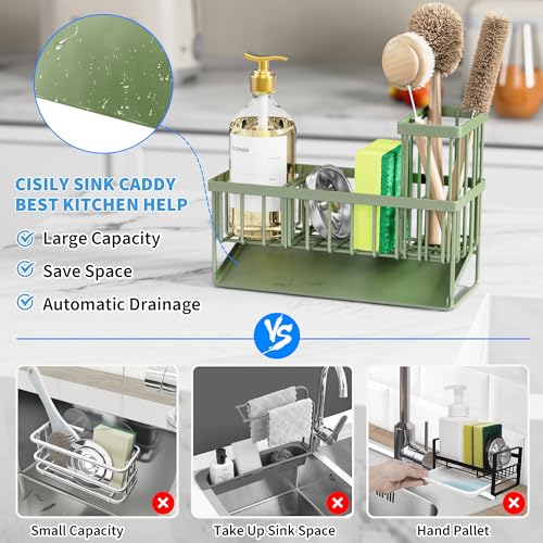 Cisily Kitchen Sink Caddy, Sponge Holder for Kitchen Sink, Kitchen Sink Organzier and Storage with High Brush Holder, 304 Stainless Gadgets Sink Accessories, Organizadores de Cocina Sage Green - color: Sage Green, size: 9.25″